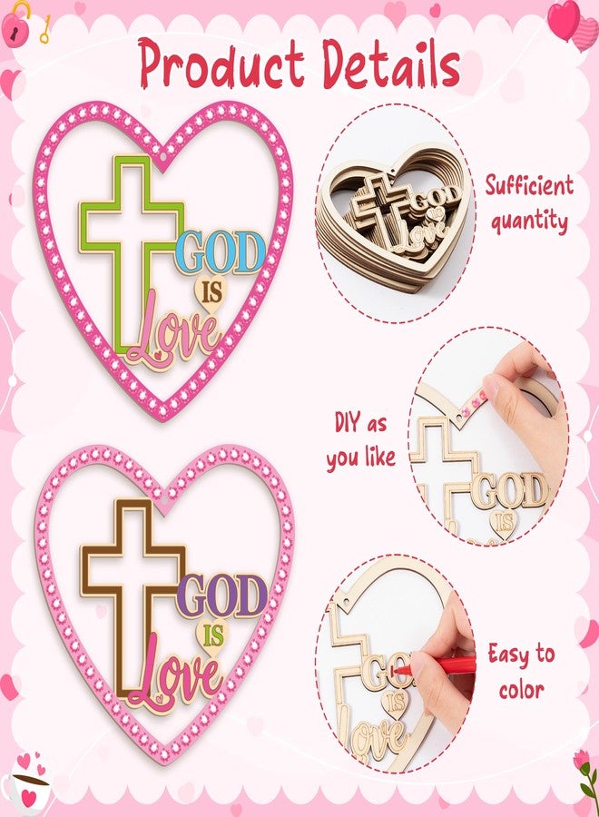 BeYumi Valentines Christian Heart Crafts - 20Pcs Valentine's Day DIY Wooden GOD is Love Ornaments Craft Kit for Kids Make Your Own Religious Cross Decor with Gem Stickers Church School Party Supplies - Image 3